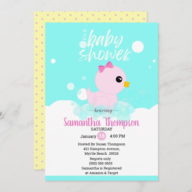 Girls Rubber Ducky Baby Shower Invitations (Front/Back)
