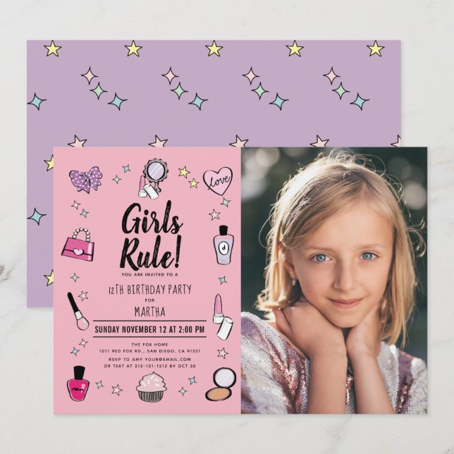 Girls Rule Makeup Spa Slumber Pink Photo Birthday Invitation (Front/Back)