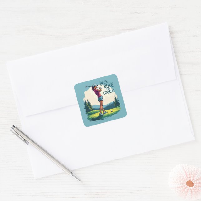 Girls Rule the Course Retro Golf Illustration Square Sticker (Envelope)