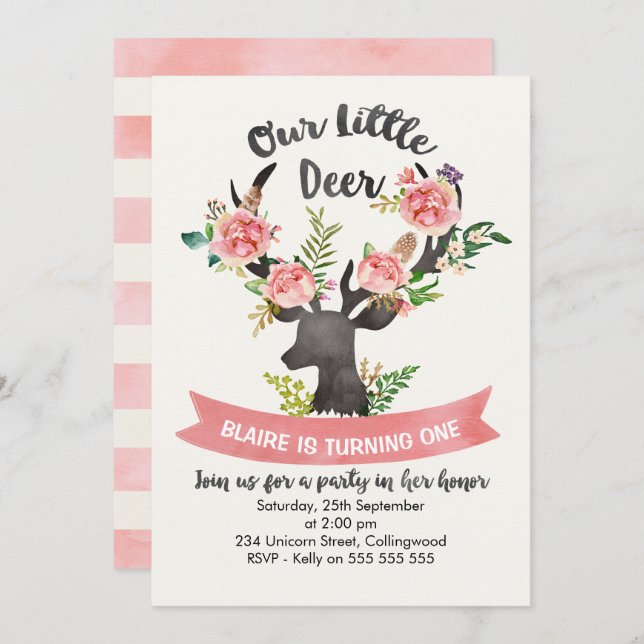 Girls Rustic Floral Deer Birthday Invitation (Front/Back)