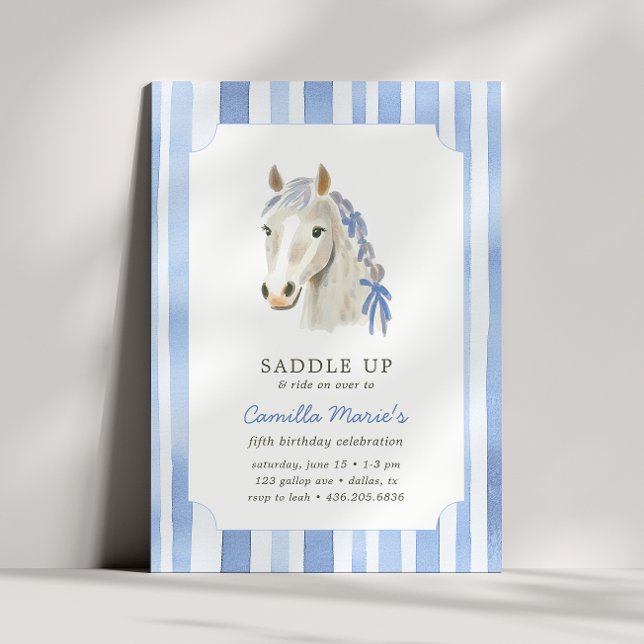 Girls Saddle Up Preppy Pony Horse Stripe Birthday  Invitation (Creator Uploaded)