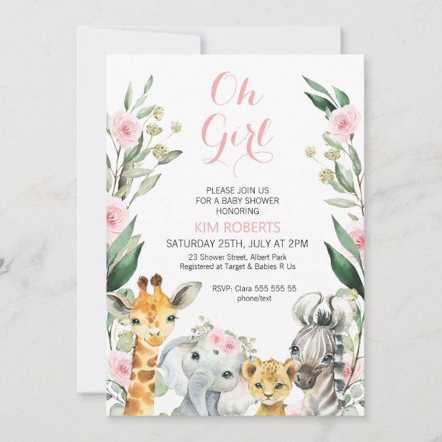 Girls Safari Floral Wreath Baby Shower Invitation (Front)