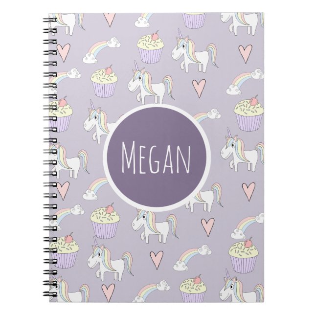 Girl's School Doodle Unicorn Pattern with Name Spiral Notebook (Front)