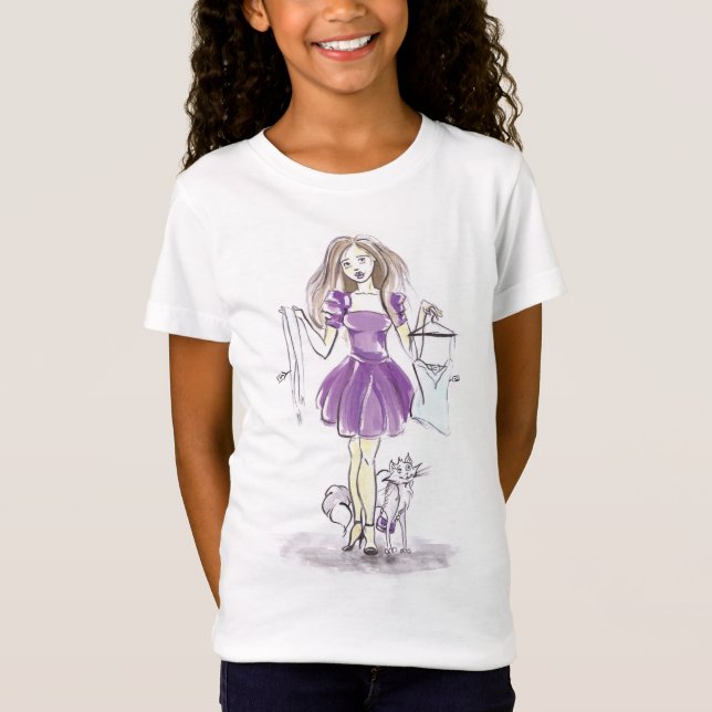 Girls Shirt Fashion Girl And Cat Shopping (Front)