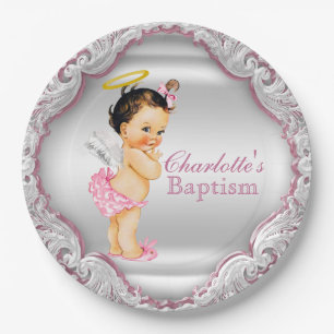 Girls Silver and Pink Angel Baptism Paper Plate