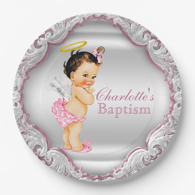 Girls Silver and Pink Angel Baptism Paper Plate (Front)
