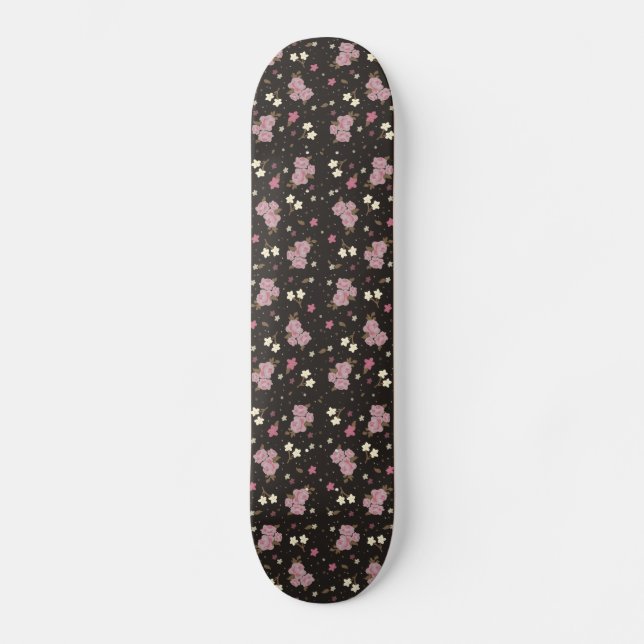 Girls Skateboard - pink flowers on dark brown (Front)