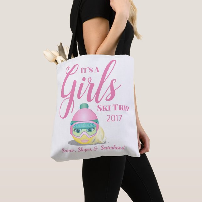 Girls Ski Trip Skiing Emoji Personalised Tote Bag (Close Up)