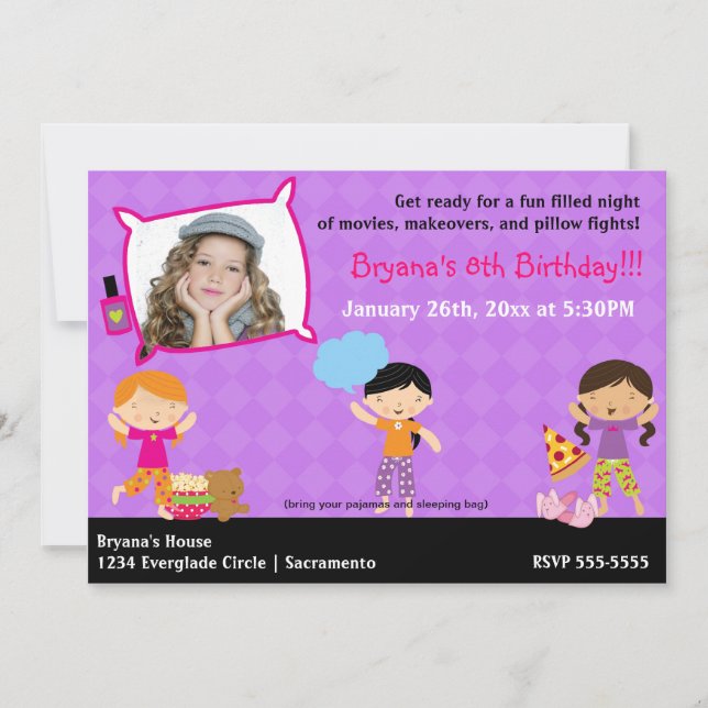 Girls Sleepover Slumber Party Photo Invitation (Front)