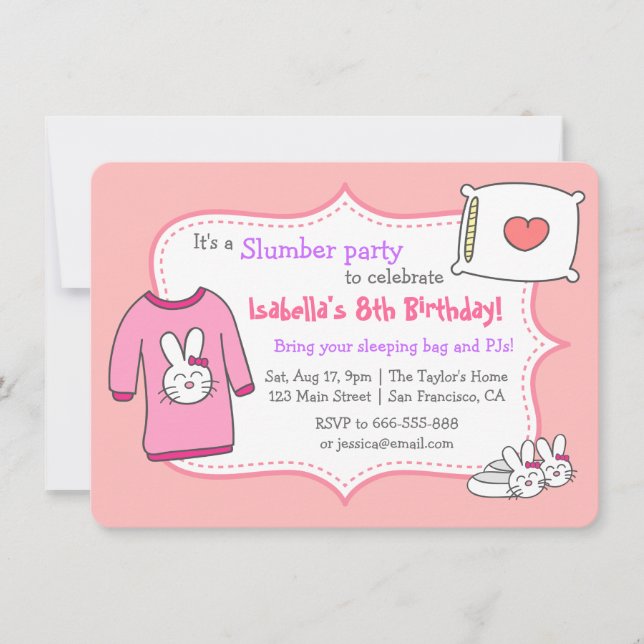 Girls Slumber Birthday Party, Sleepover Pyjama Invitation (Front)