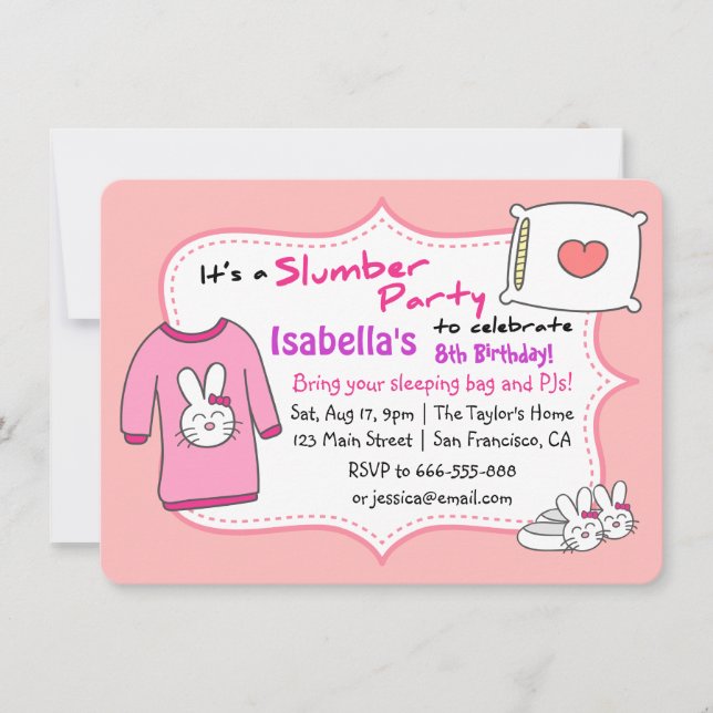 Girls Slumber Birthday Party, Sleepover Pyjama Invitation (Front)