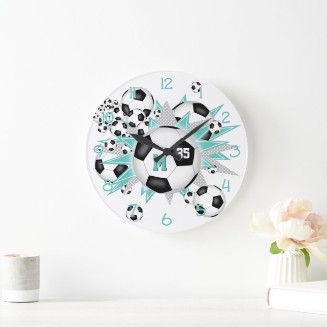 girls soccer ball blowout light teal grey stars large clock (Home)