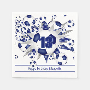 Girls soccer birthday or team party blue napkin