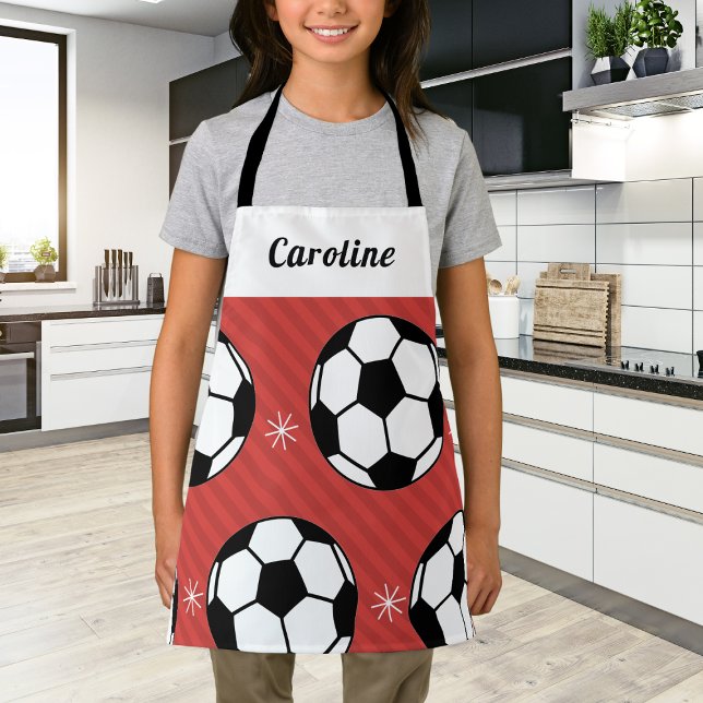 Girls Soccer Red Balls & Snowflakes Kids Name Cute Apron (Creator Uploaded)