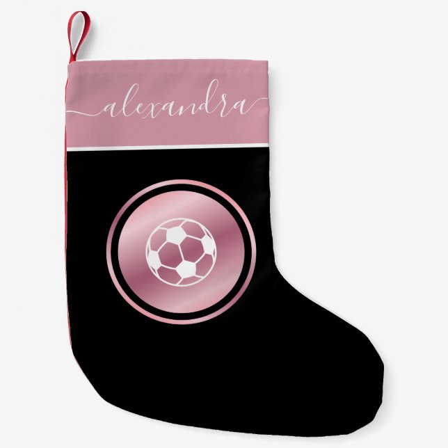 Girls Soccer Rose Gold Ball & Pretty Girly Name Small Christmas Stocking (Front)
