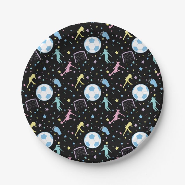 Girls Soccer Silhouettes Stars and Sparkles Paper Plate (Front)