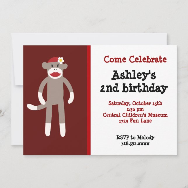 Girls Sock Monkey Birthday Party Invitations (Front)