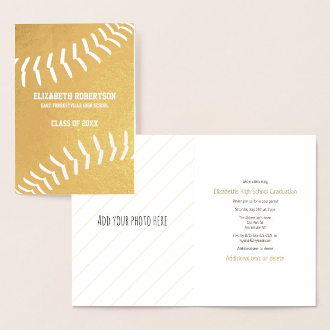 Girl's softball athlete graduation party gold foil card (Display)