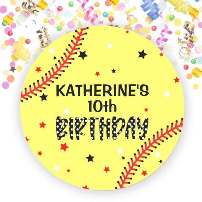 Girls Softball Birthday Party Classic Round Sticker (Girls Softball Birthday Party Classic Round Sticker)