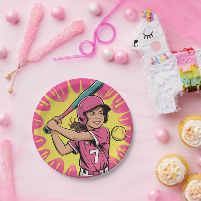 Girls Softball Birthday Party Paper Plate (Party)