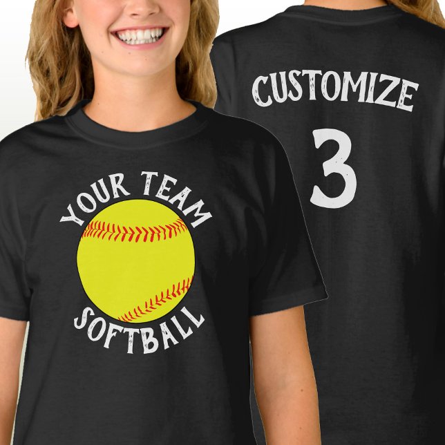 Girls Softball Custom Team Player Name and Number T-Shirt (Custom softball team shirts with personalized team name, player name and jersey number.)