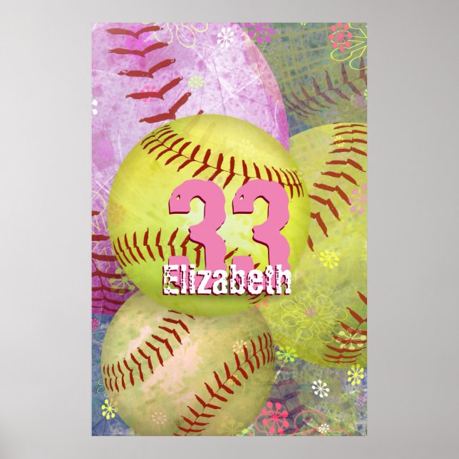 Girl's Softball grungy pink yellow Poster (Front)