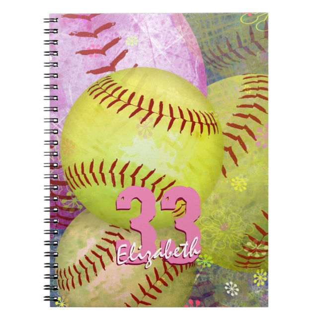 Girls' Softball Pink Bright Yellow personalised  Notebook (Front)