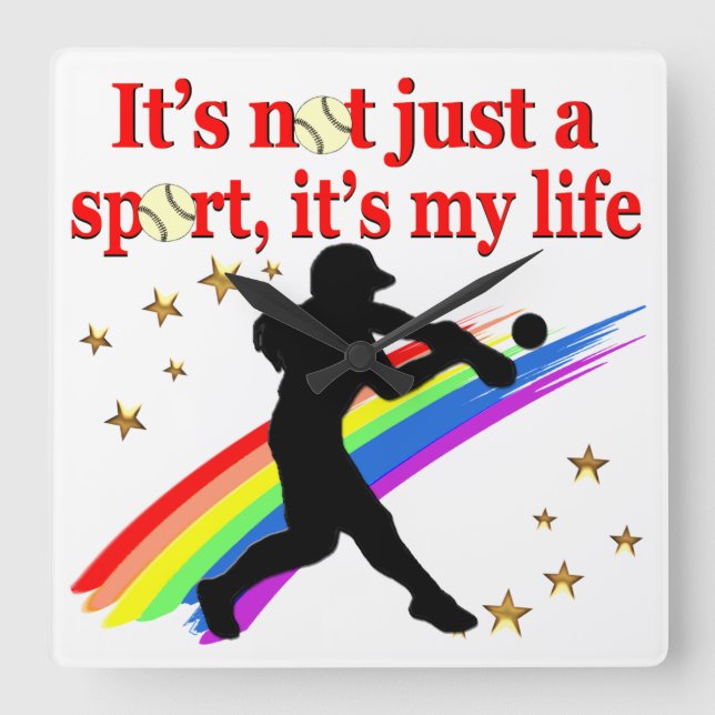 GIRLS SOFTBALL RED RAINBOW INSPIRATIONAL DESIGN SQUARE WALL CLOCK (Front)