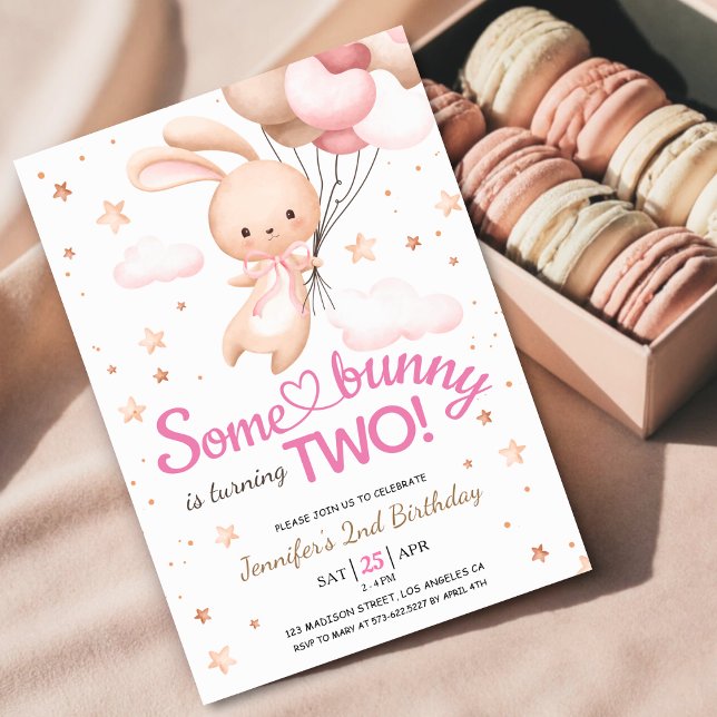 Girls Some Bunny is TWO! Bunny 2nd Birthday  Invitation (Creator Uploaded)