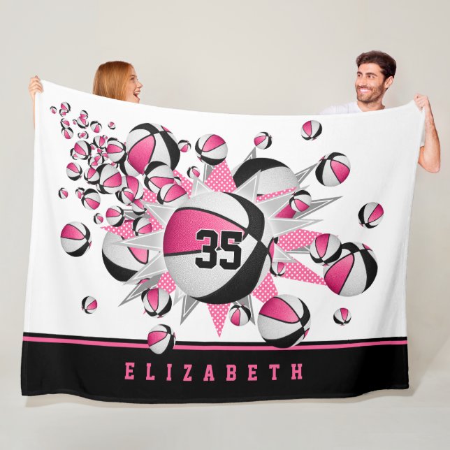 girls sports pink black basketballs stars fleece blanket (In Situ)