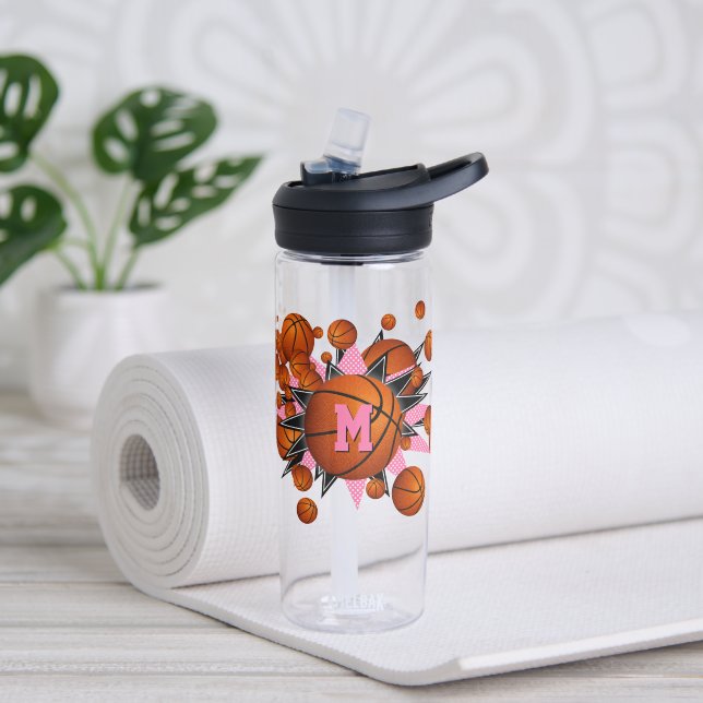 girls sports pink black basketballs stars water bottle (Yoga)