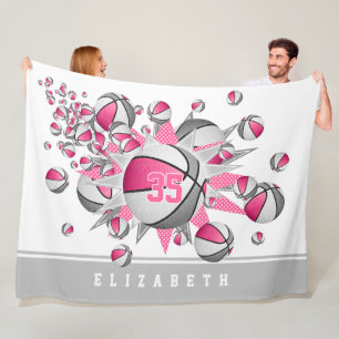 girls sports pink grey basketballs stars fleece blanket