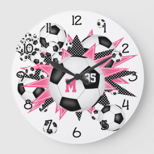 girls sports soccer balls w pink black stars large clock