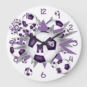 girls sports soccer balls w purple grey stars large clock