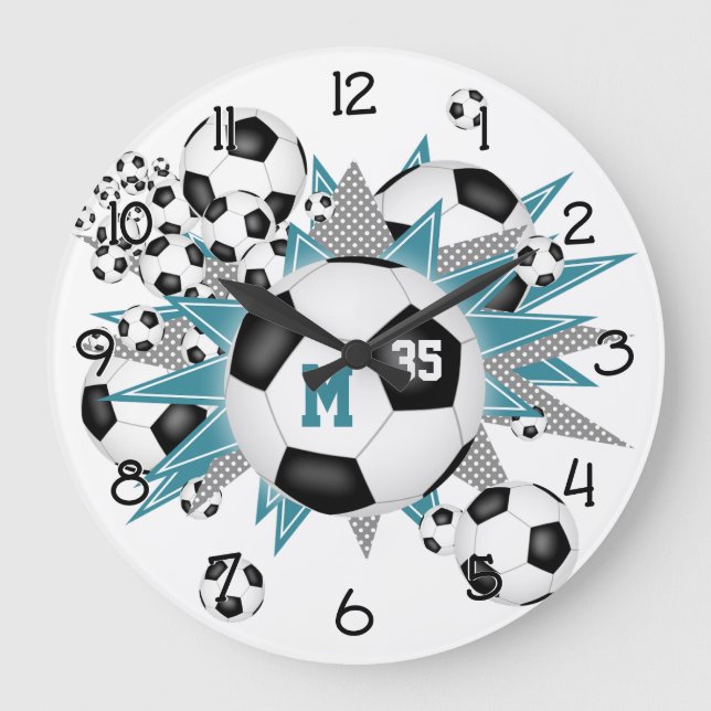 girls sports soccer balls w teal grey stars large clock (Front)