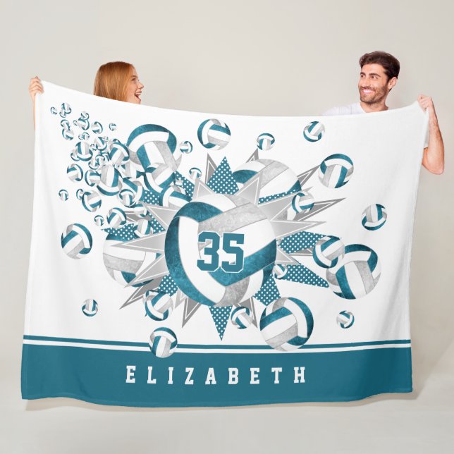 girls sports teal grey volleyballs stars fleece blanket (In Situ)