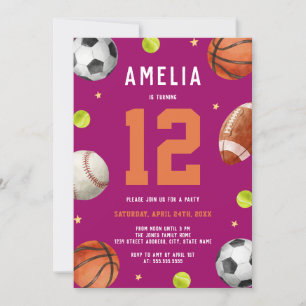 Girls Sports Theme Birthday Party Invitation