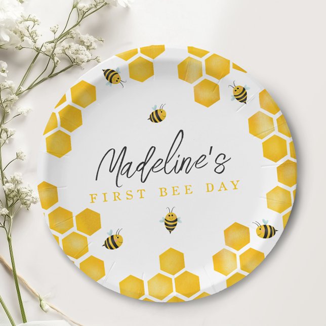 Girls Summer First Bee Day Kids 1st Birthday Paper Plate (Creator Uploaded)