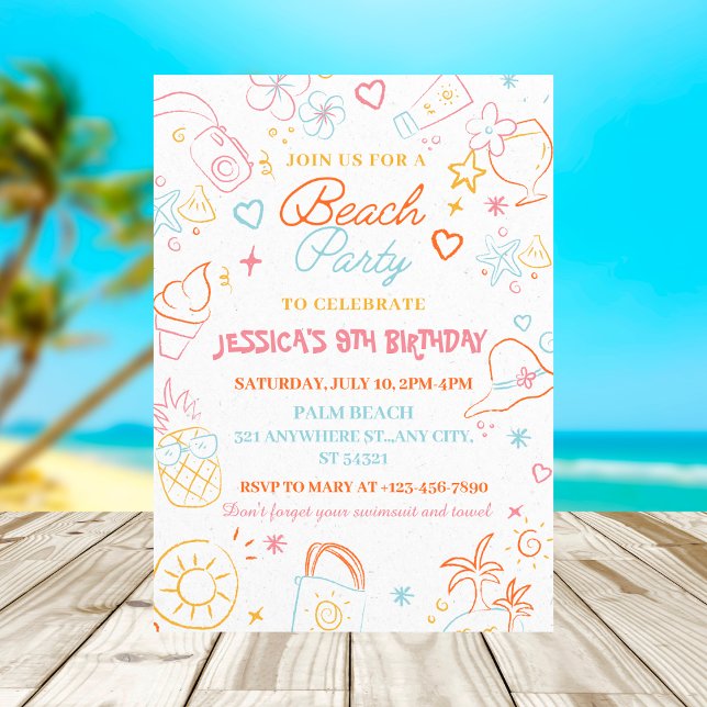 Girls Summer party| Colourful Beach Birthday Invitation (Creator Uploaded)