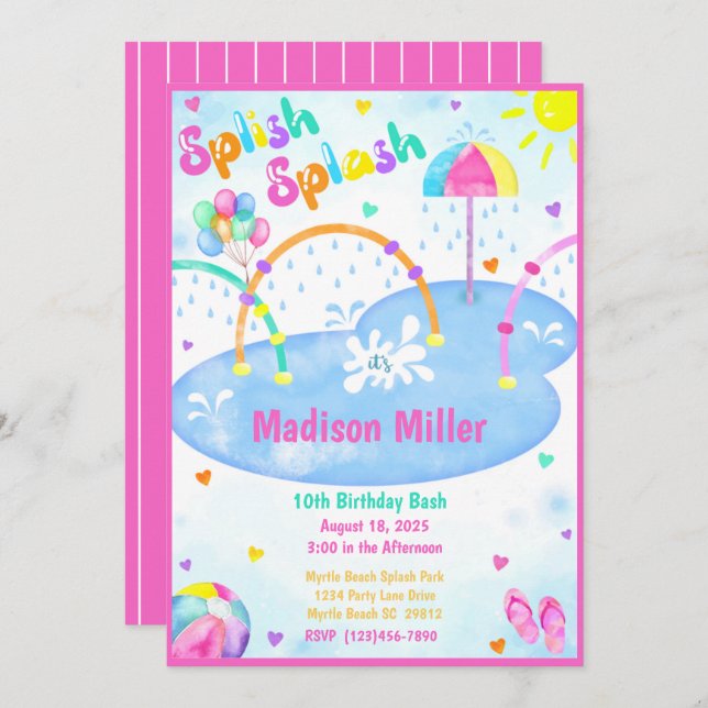 Girls Summer Splash Park Birthday Party Invitation (Front/Back)
