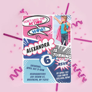 Girl's Superhero Comic Photo Birthday Invitation