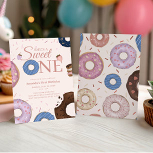 Girls Sweet ONE Donut Pastel First Birthday Invitation