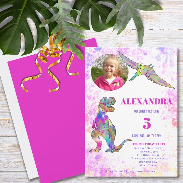 Girls T Rex 5th Birthday Photo Pink Invitation (Colorful Dinosaur girls photo 5th birthday party invitation bright pink)