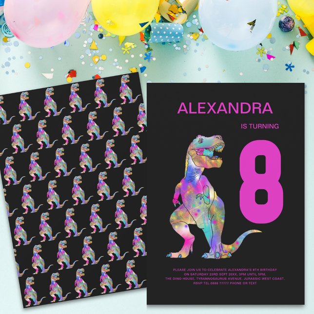 Girls T-Rex Dinosaur 8th Birthday Party Pink Invitation (Girls dinosaur colorful T-Rex 8th birthday party pink and black invitation modern typography )