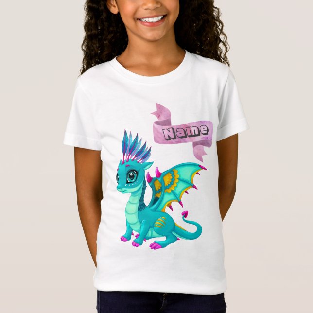 Girls' T-Shirt with a big-eyed blue dragon. (Front)