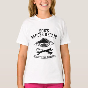 Girl's t-shirt with black Bob's Saucer Repair logo