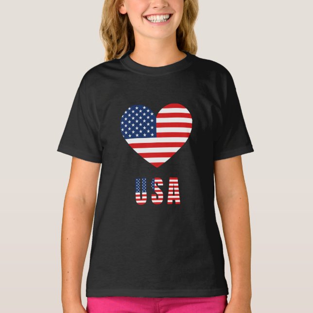 Girl's T-Shirt with USA Flag Heart Design (Front)
