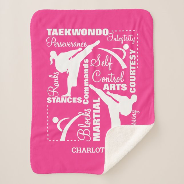 Girls Taekwondo Martial Arts Theme Pink White Fun Sherpa Blanket (Front)
