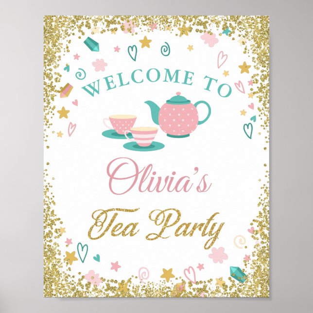 Girls Tea Party Gold Glitter Birthday Welcome Sign (Front)