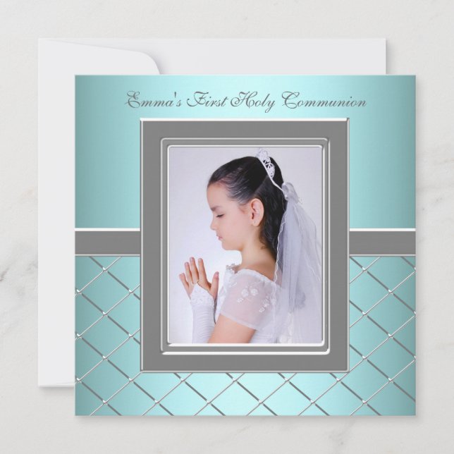 Girls Teal Blue Photo First Communion Invitation (Front)